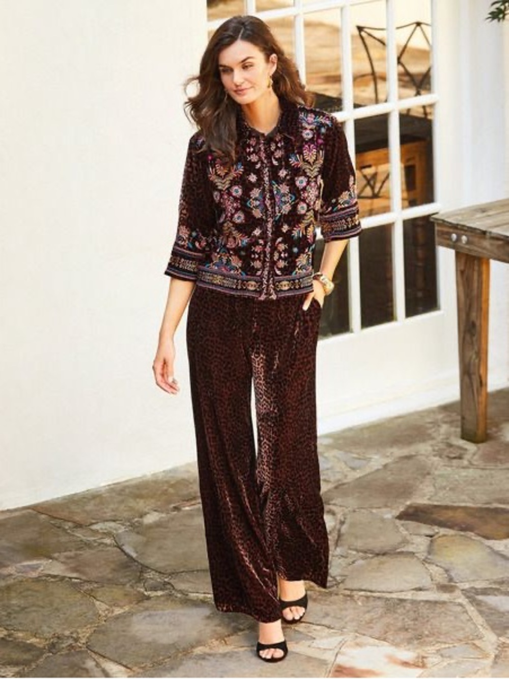 JOHNNY WAS Coordinating Leopard Print Velvet Wide Leg Pants Misty Leopard